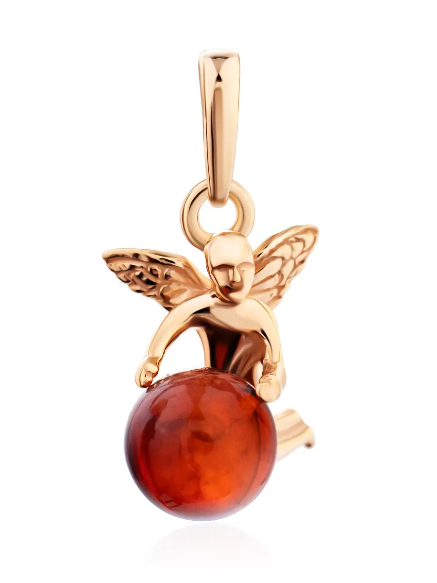 картинка Золотая подвеска с натуральным янтарём коньячного цвета «Ангелок» в онлайн магазине
