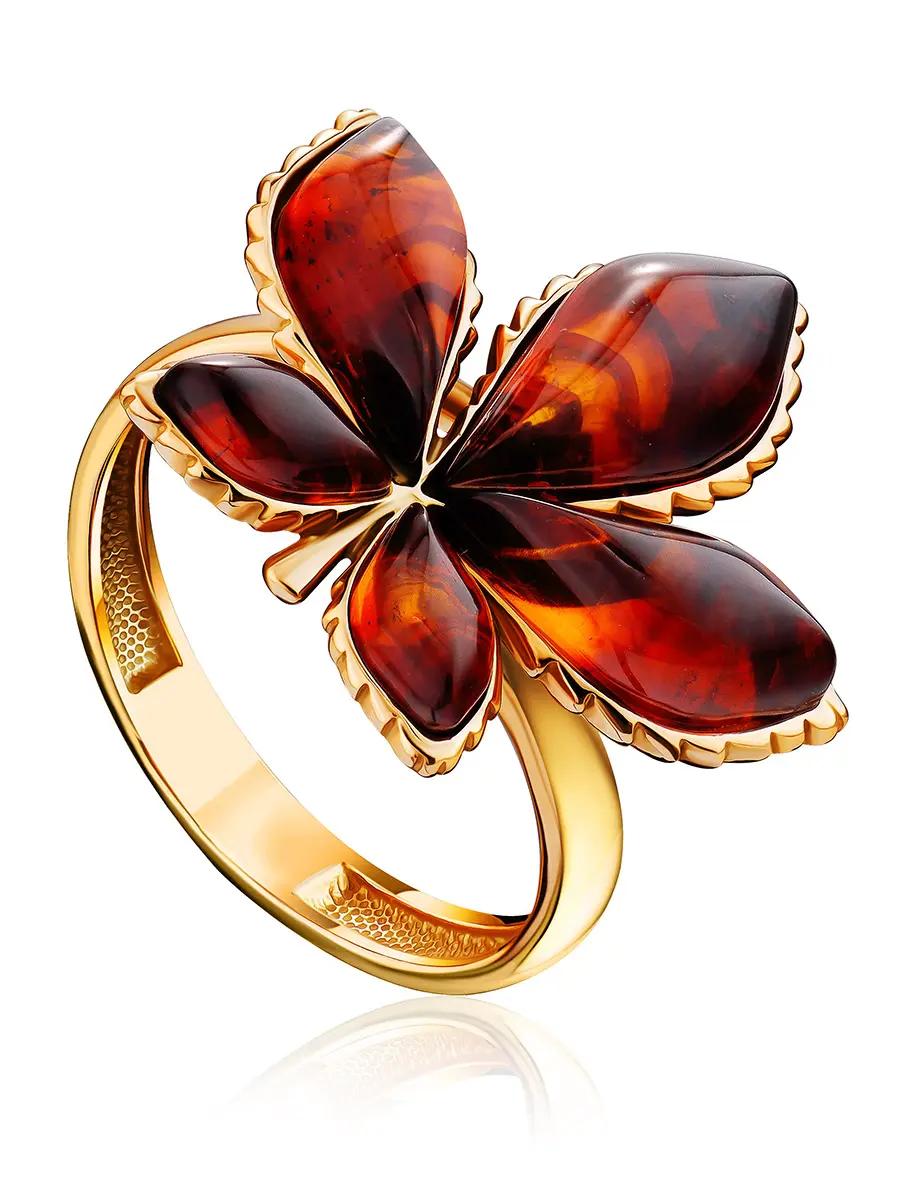 картинка Очаровательное кольцо в виде листочка из коньячного янтаря «Каштан» в онлайн магазине