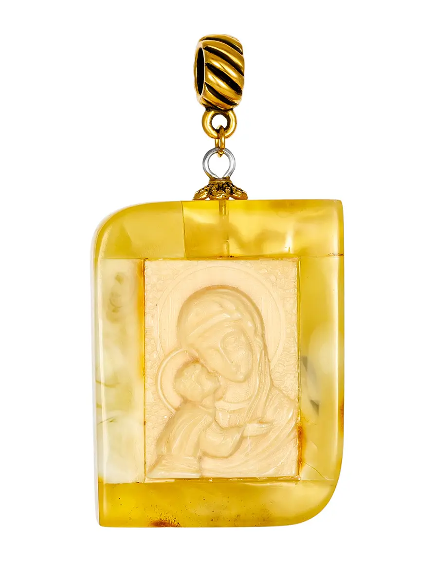 картинка Резная иконка из кости в янтарном обрамлении «Игоревская Богоматерь» в онлайн магазине