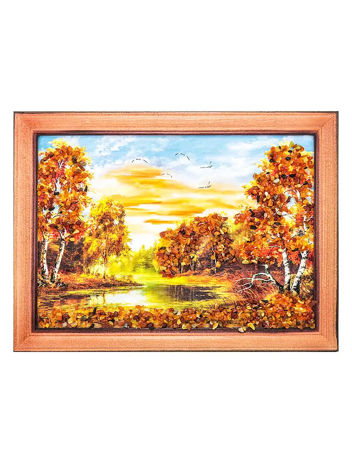 картинка Яркий лесной пейзаж, украшенный натуральным янтарём «Ванильное небо» 17 (В) х 24 (Ш) в онлайн магазине