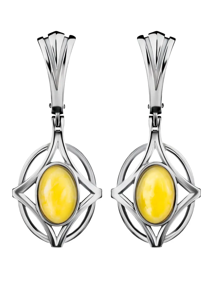 картинка Серьги в необычном дизайне из серебра и янтаря медового цвета «Буссоль» в онлайн магазине