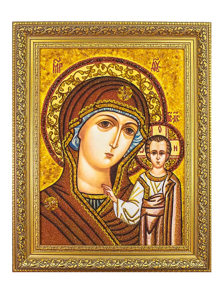 картинка Икона Божией Матери из натурального янтаря «Казанская» в онлайн магазине