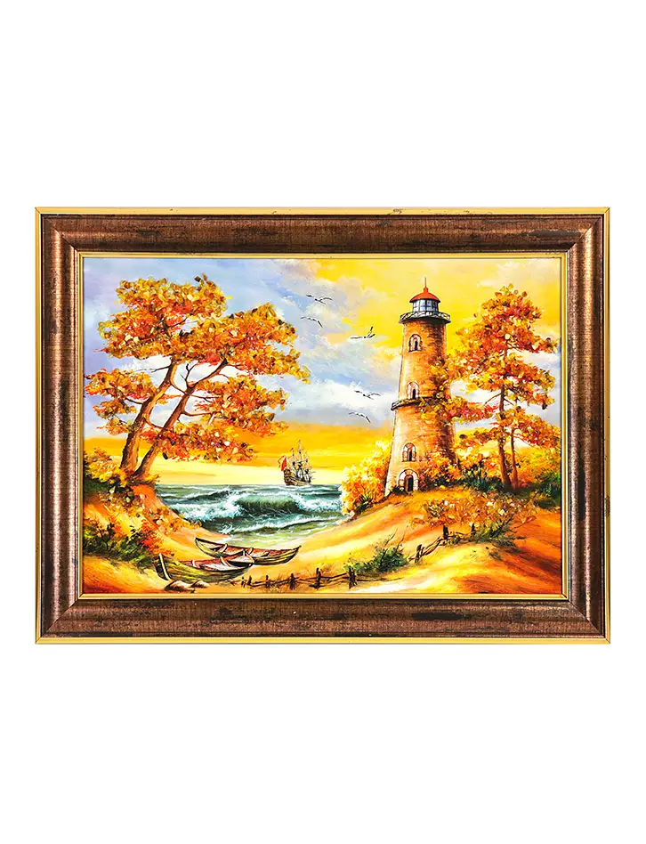картинка Горизонтальное панно с натуральным янтарем «Маяк в закатных лучах» в онлайн магазине