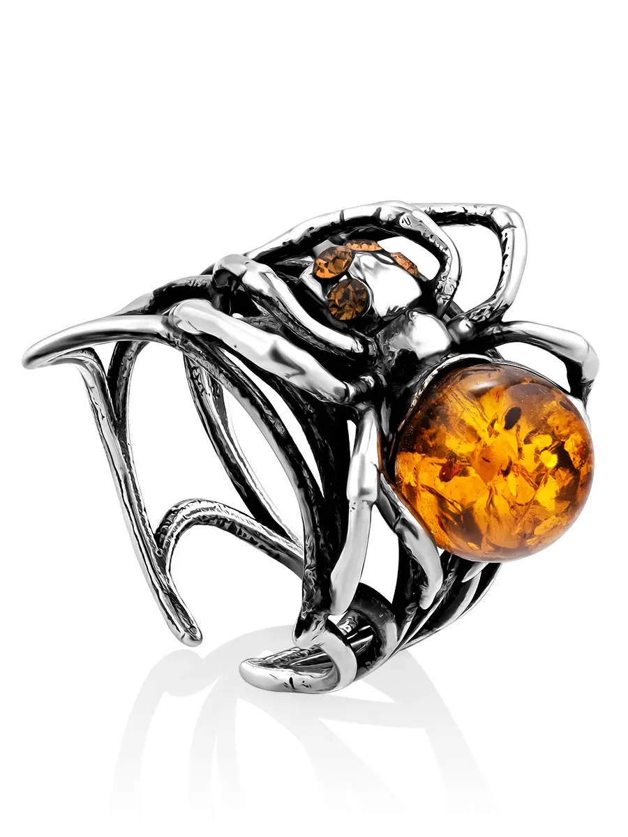 картинка Яркое эффектное кольцо из серебра с коньячным янтарём «Паучок» в онлайн магазине