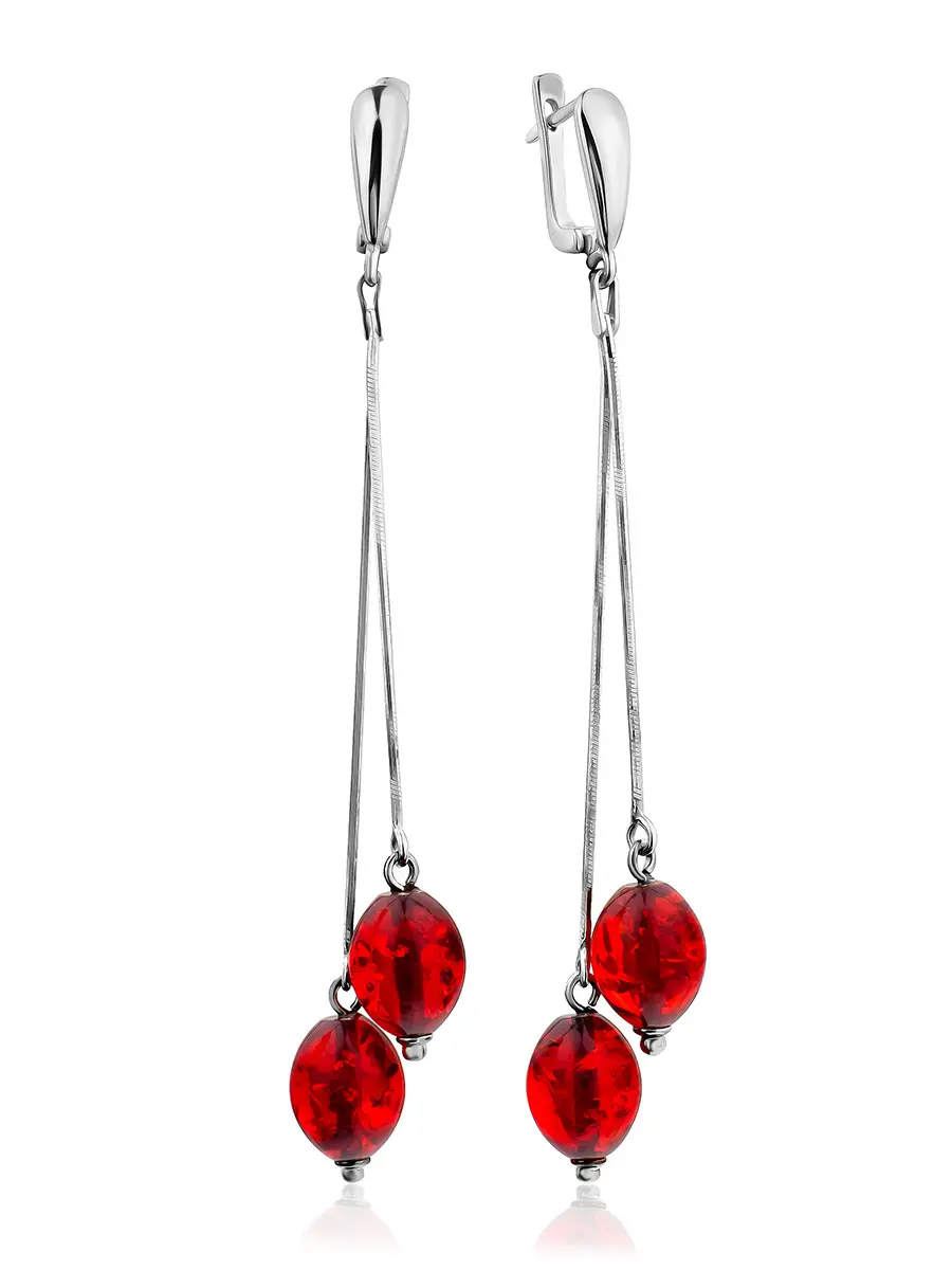 картинка Яркие длинные серьги с янтарём красного цвета «Рябина» в онлайн магазине