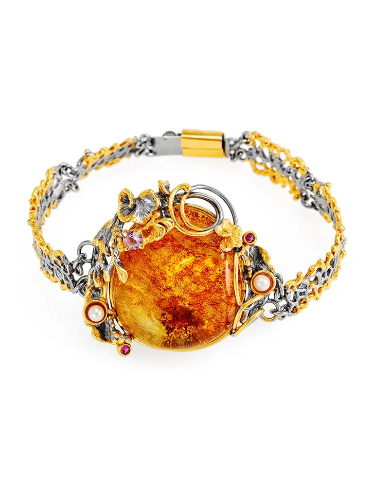 картинка Роскошный браслет «Версаль» из серебра с натуральным янтарём, жемчугом и фианитами в онлайн магазине