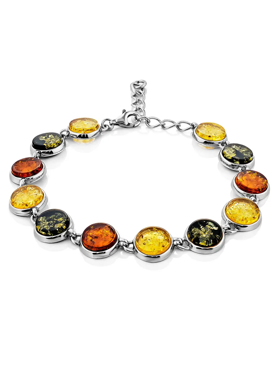 картинка Яркий нарядный браслет из серебра и янтаря разных оттенков «Фурор» в онлайн магазине
