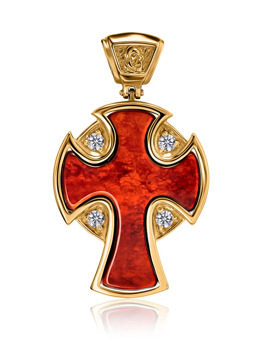 картинка Красивый новгородский крест из янтаря в позолоченной оправе с фианитами в онлайн магазине