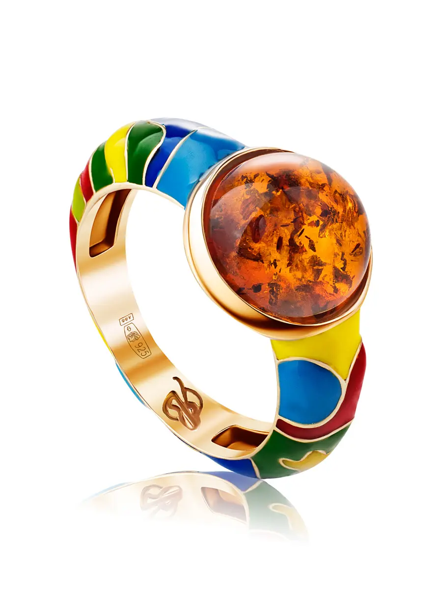 картинка Яркое кольцо с эмалью и натуральным янтарём «Суздаль» в онлайн магазине