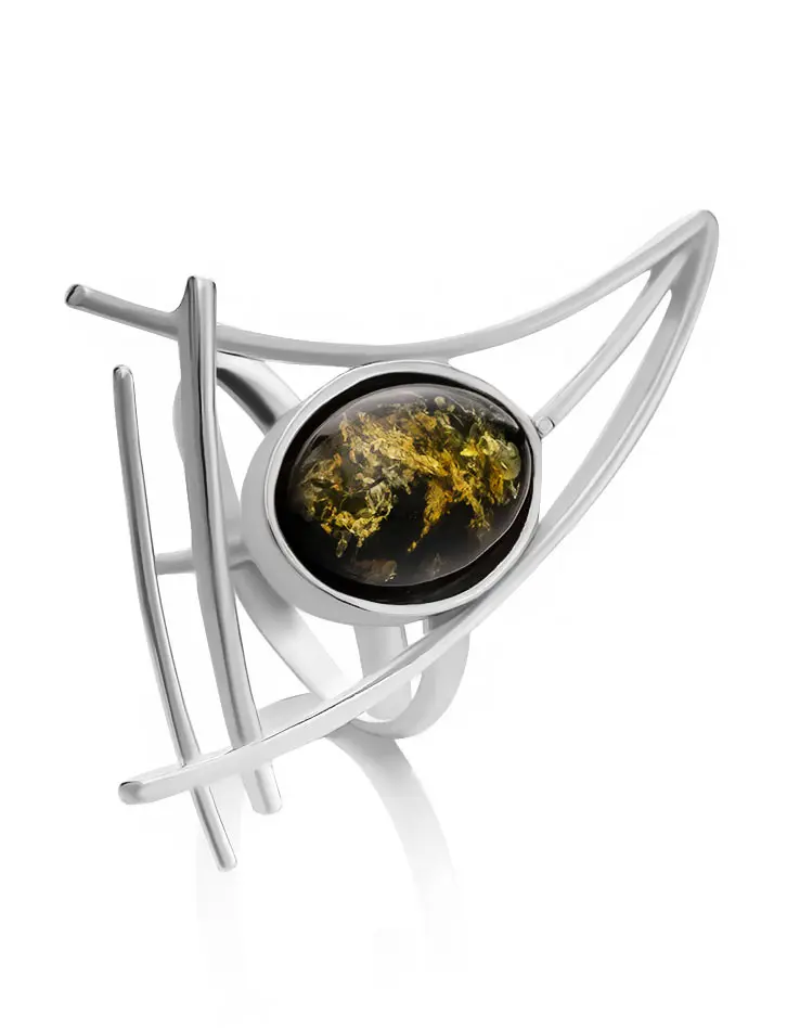 картинка Стильное кольцо с зеленым сверкающим янтарем «Парус» в онлайн магазине