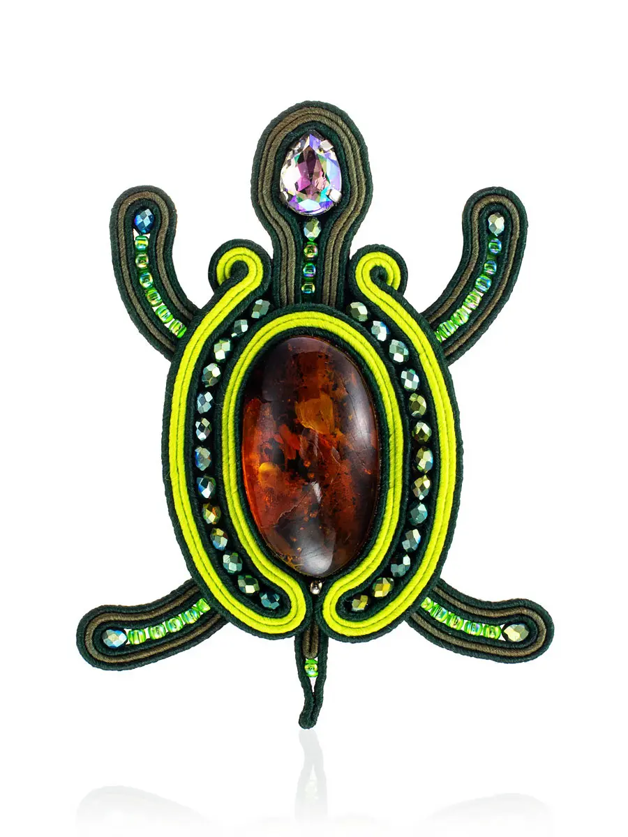 картинка Плетёная брошь-черепаха с натуральным янтарём коньячного цвета «Индия» в онлайн магазине