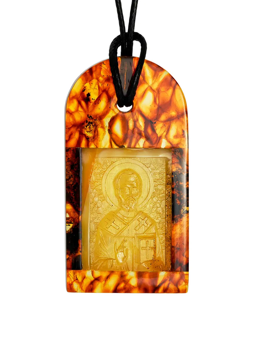 картинка Подвеска из янтаря с резьбой в оправе «Николай Чудотворец» в онлайн магазине