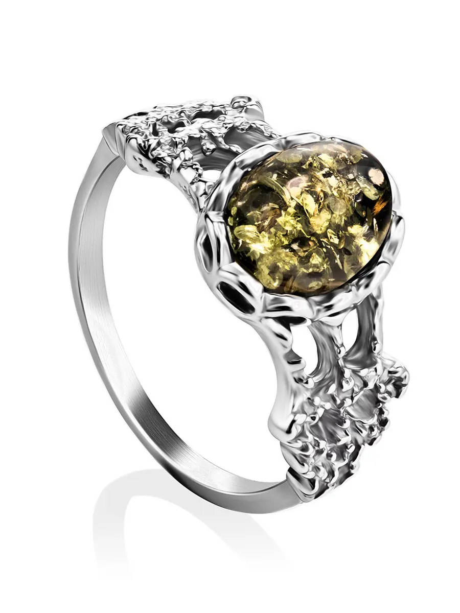 картинка Кольцо из серебра, украшенное янтарём зелёного цвета «Флоренция» в онлайн магазине