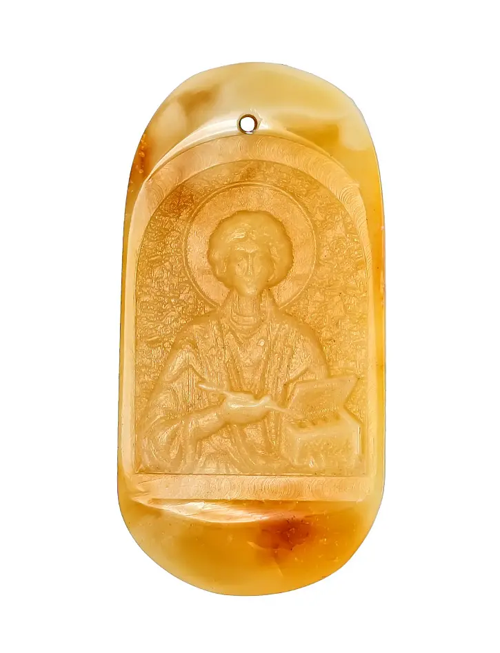картинка Резная иконка-подвеска из натурального балтийского цельного янтаря «Святой целитель Пантелеймон» в онлайн магазине