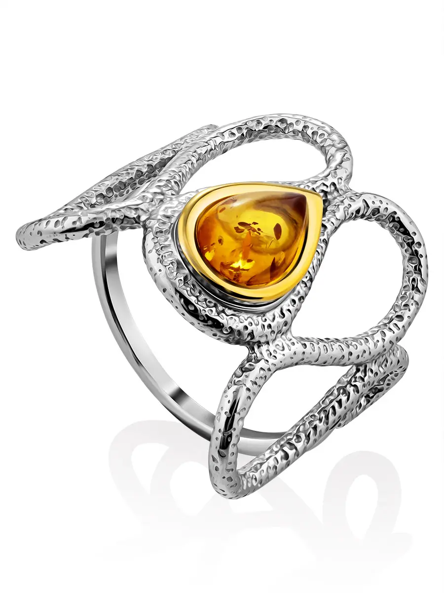 картинка Ажурное объёмное кольцо «Змейка» из серебра с золочением и янтаря в онлайн магазине