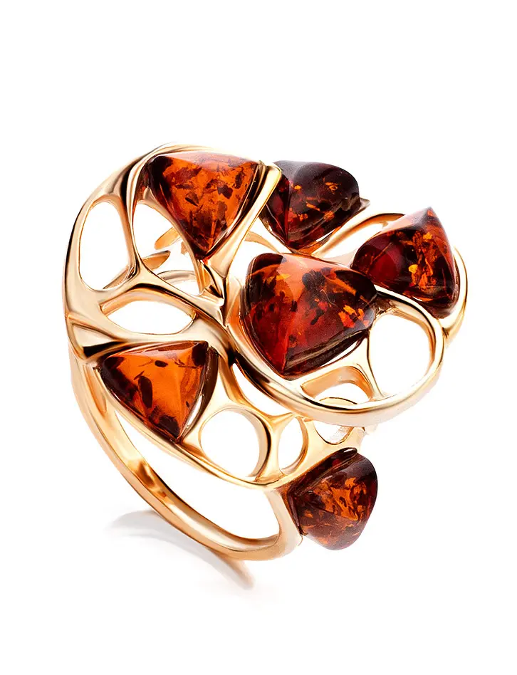 картинка Эффектное позолоченное кольцо с натуральным янтарём «Домино» в онлайн магазине