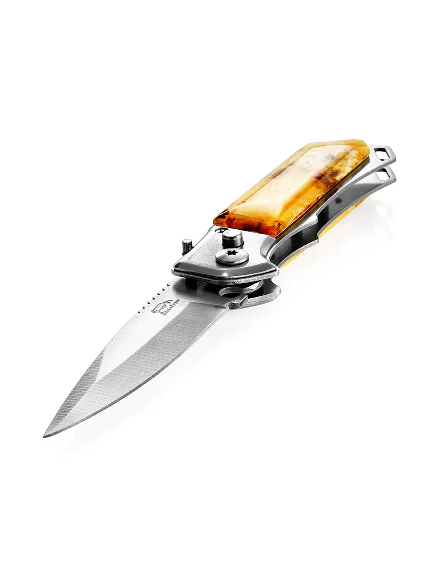 картинка Выкидной нож с рукоятью, украшенной натуральным янтарём в онлайн магазине