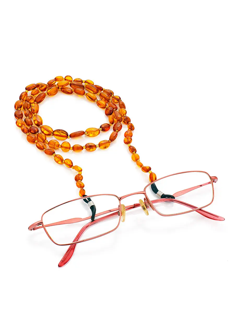 картинка Шнурок-держатель для очков из мелких янтарных бусин-оливок коньячного цвета в онлайн магазине