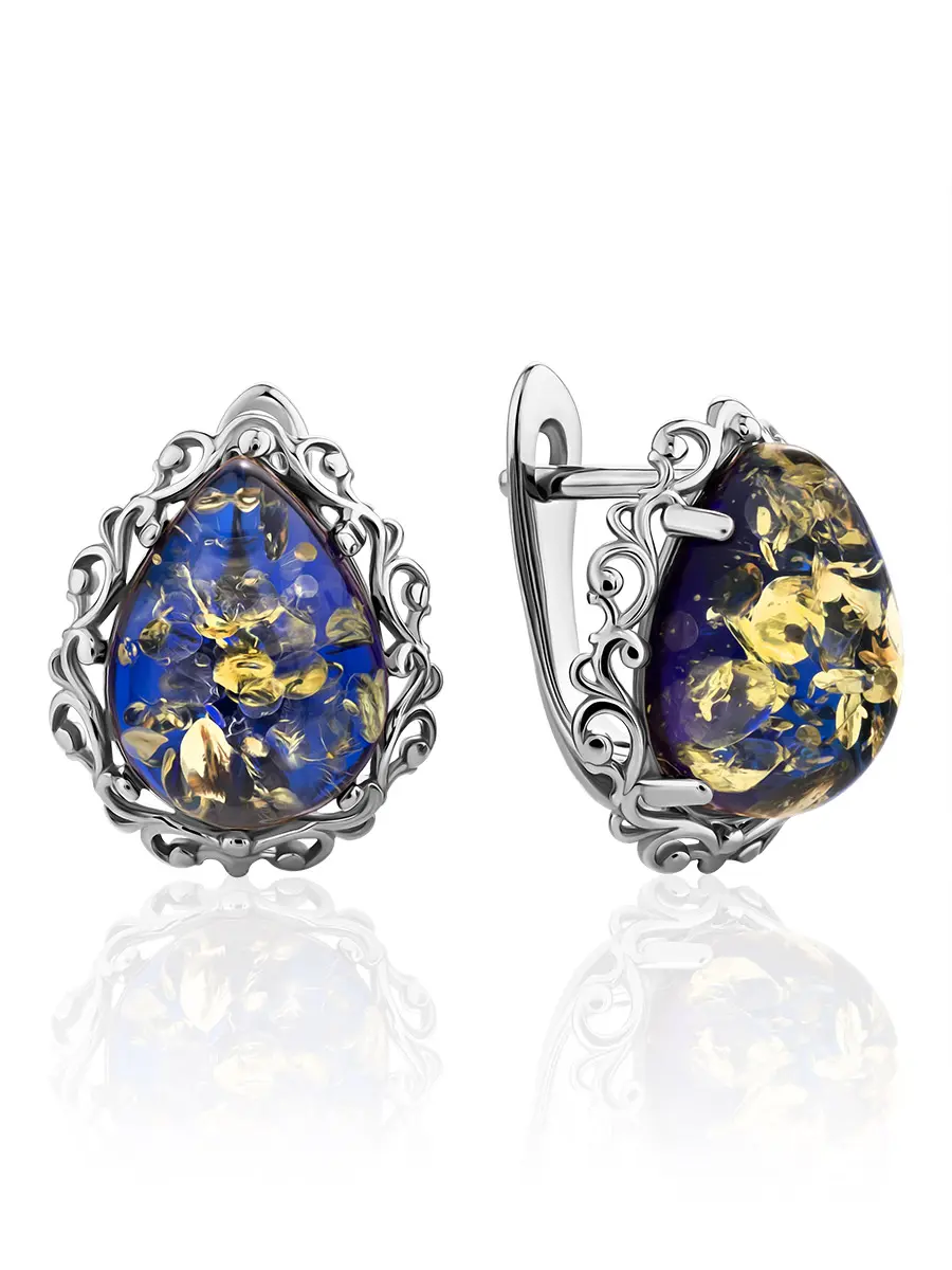 картинка Изящные серебряные серьги «Луксор» с ярко-синим янтарём в онлайн магазине