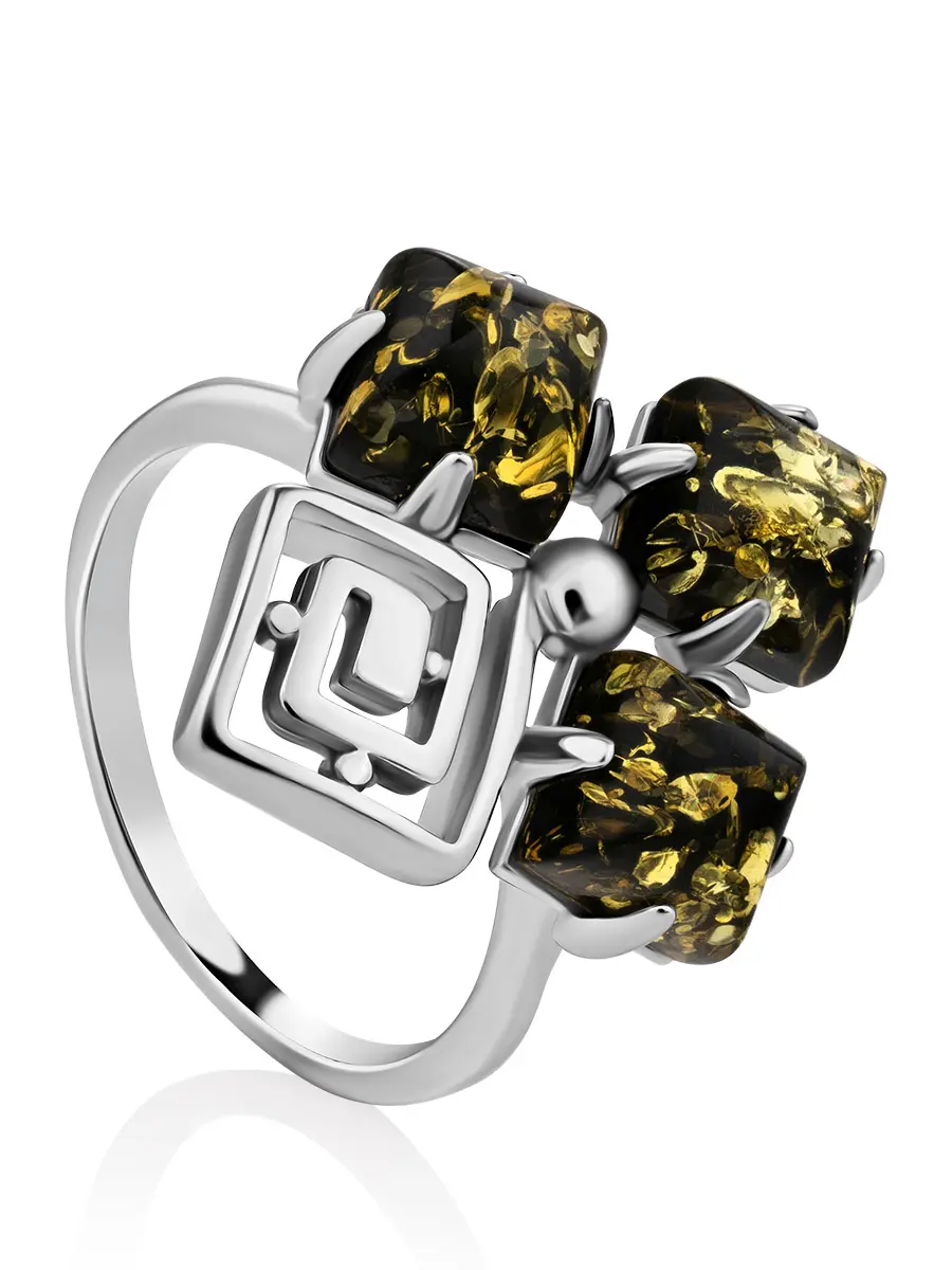 картинка Оригинальное кольцо из серебра с натуральным янтарём зелёного цвета «Вернисаж» в онлайн магазине