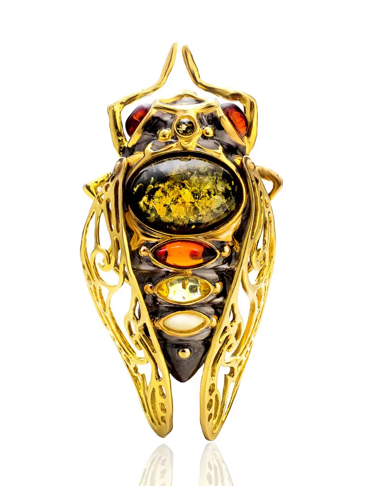картинка Роскошная позолоченная брошь с янтарём разных оттенков «Цикада» в онлайн магазине