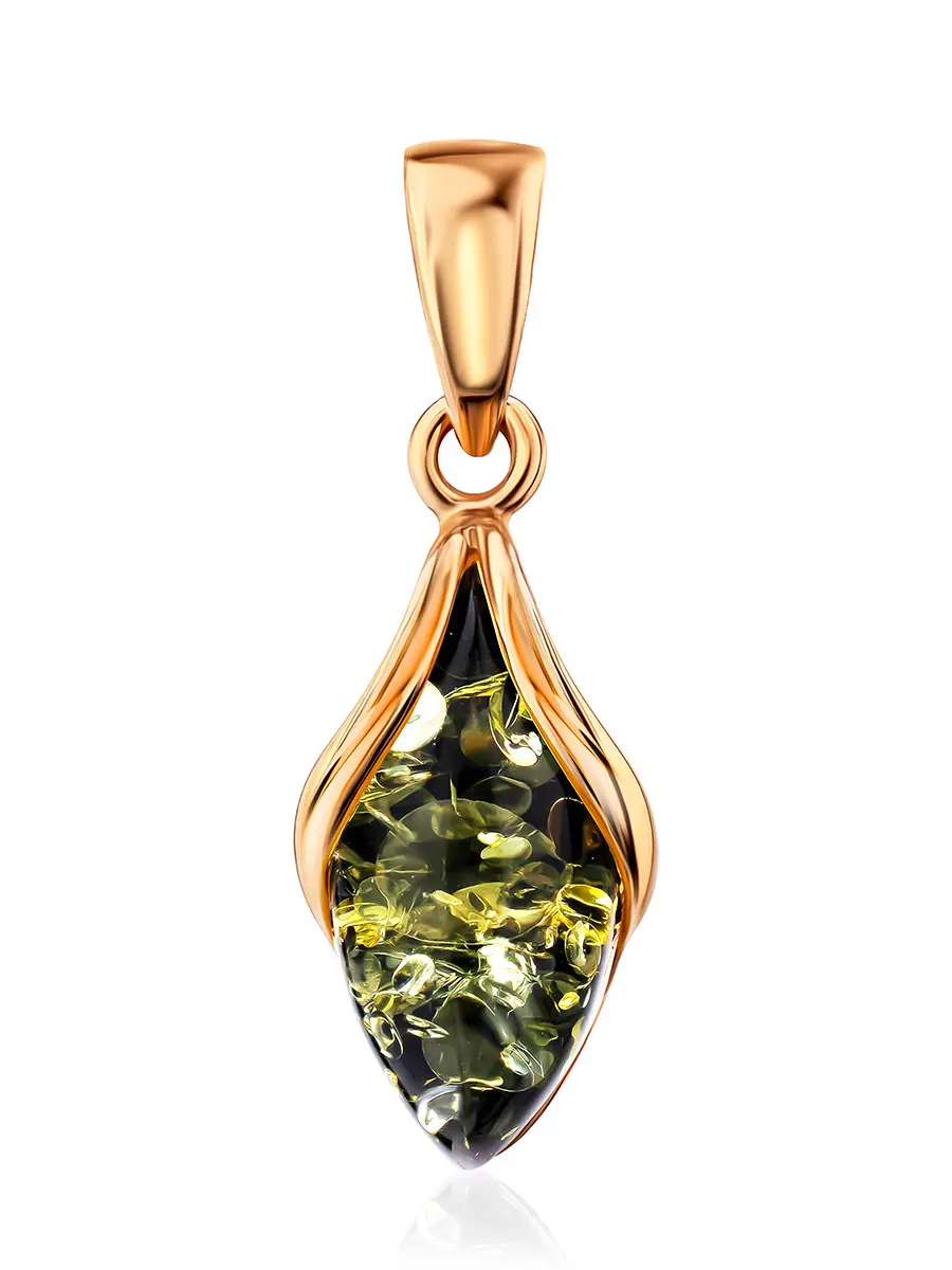 картинка Изящная подвеска из золота с натуральным янтарём зелёного цвета «Подснежник» в онлайн магазине