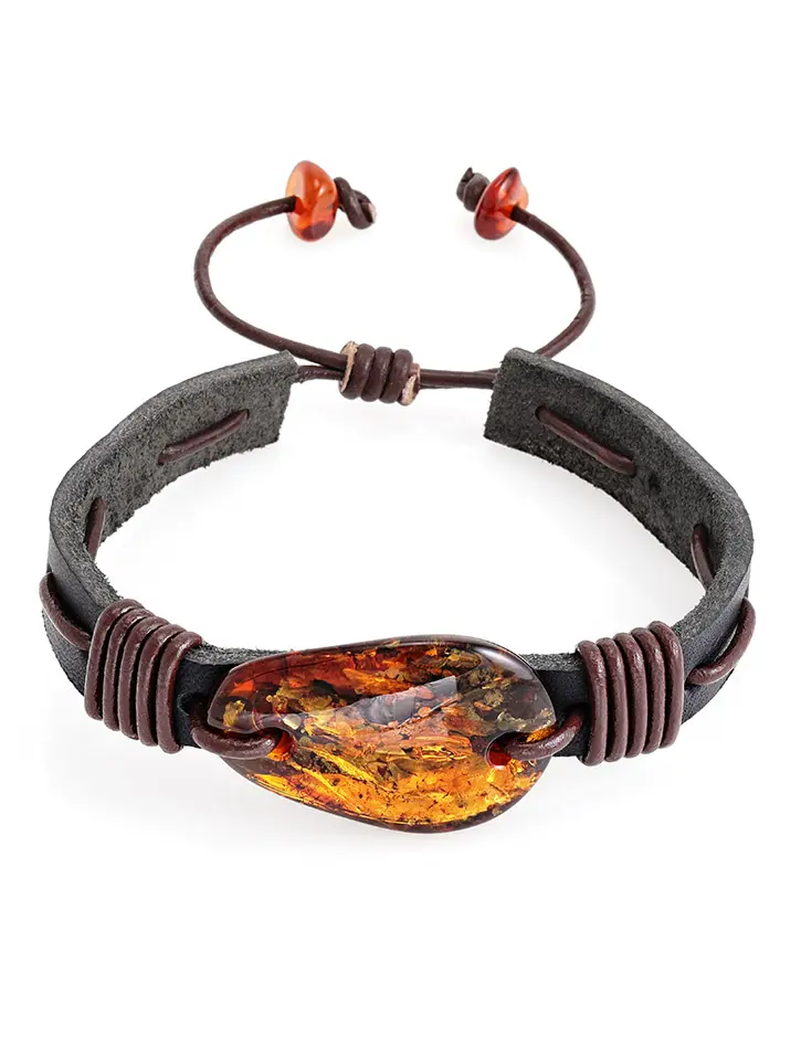 картинка Неширокий тёмный кожаный браслет с натуральным янтарём «Копакабана» в онлайн магазине