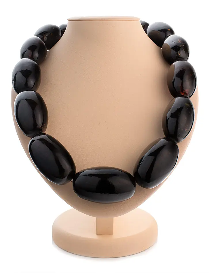 картинка Роскошные объёмные бусы из формованного янтаря «Слива крупная чёрная» в онлайн магазине