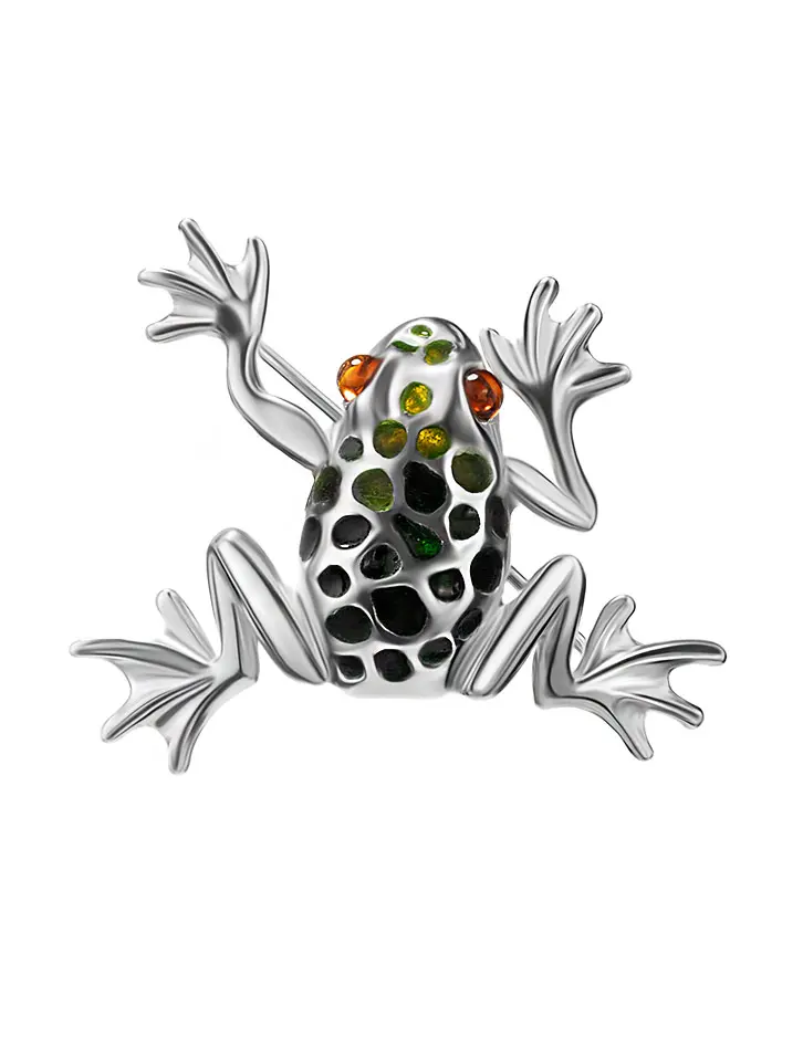 картинка Серебряная брошь с натуральным янтарём и эмалью «Лягушка» в онлайн магазине
