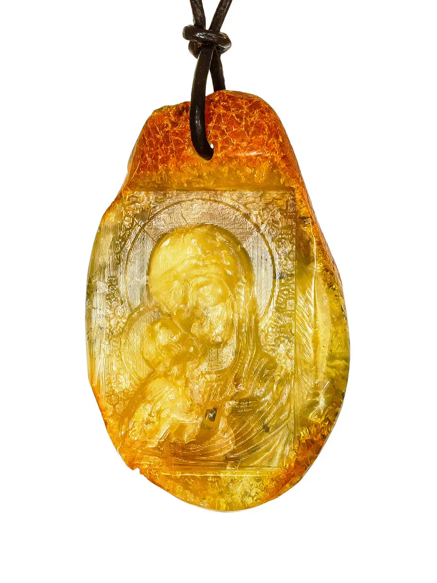 картинка Резная подвеска-икона из натурального янтаря «Владимирская богоматерь» в онлайн магазине