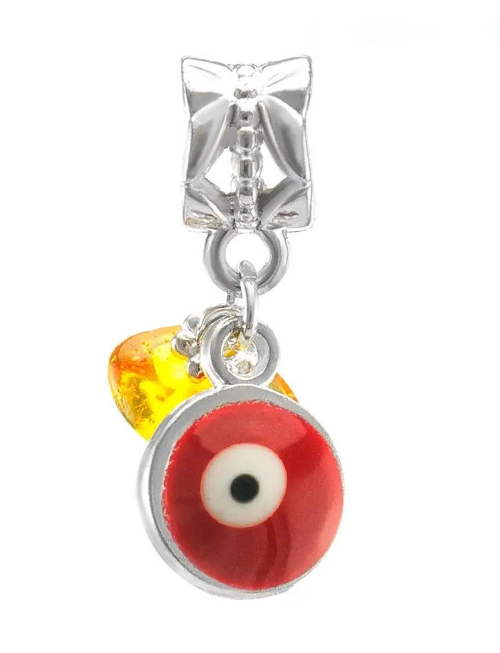 картинка Подвеска-шарм для европейского браслета с натуральным янтарём «Глаз Фатимы» в онлайн магазине