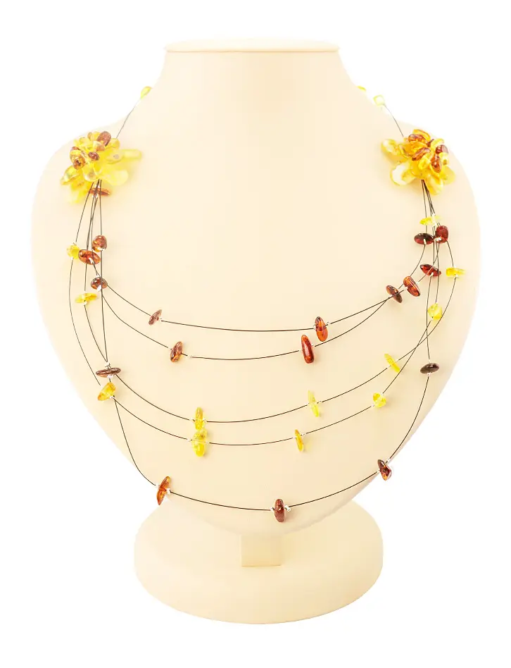 картинка Колье с цветами из натурального янтаря трёх цветов «Воздушное» на струне в онлайн магазине