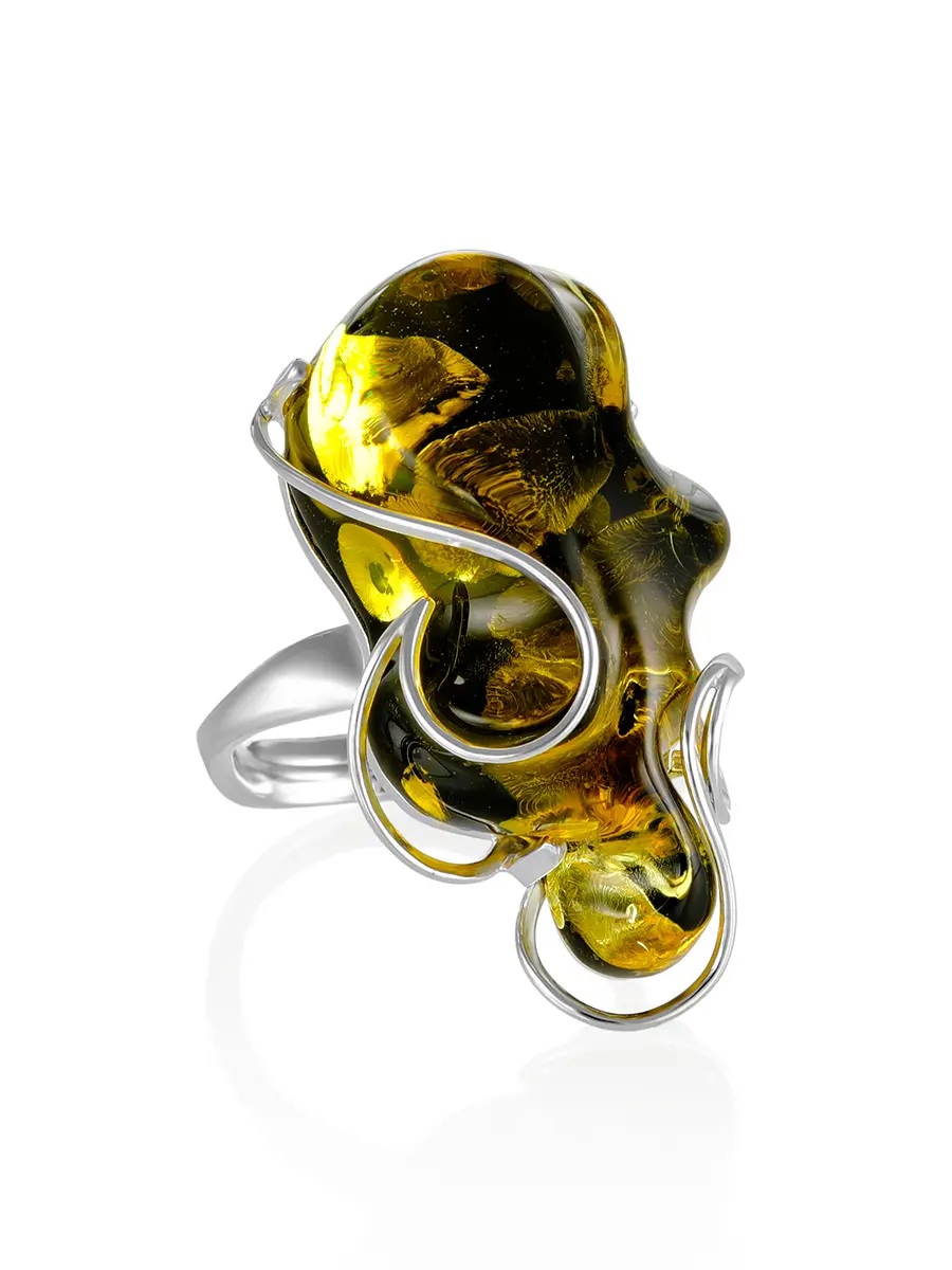 картинка Вечернее кольцо из серебра и зелёного янтаря «Риальто» в онлайн магазине
