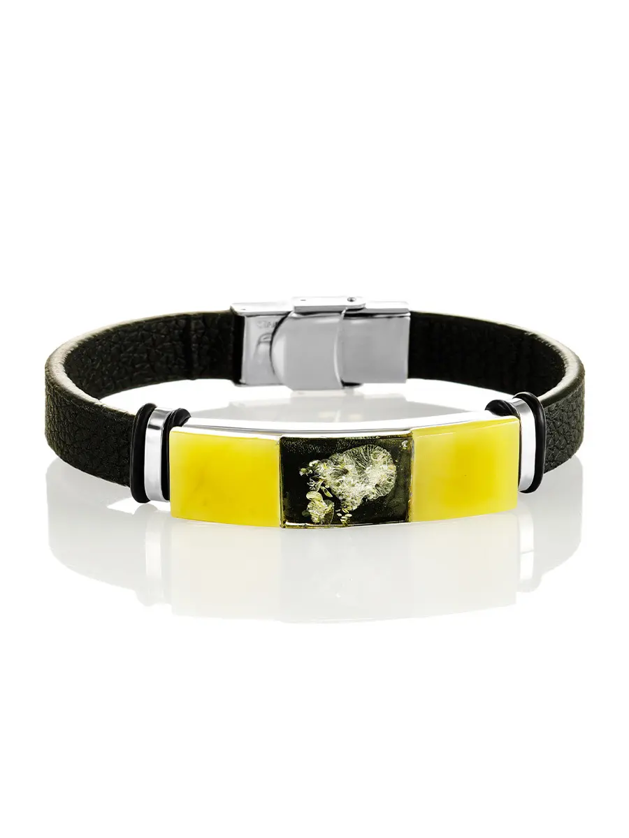 картинка Стильный браслет для мужчин на кожаной основе, украшенный янтарной мозаикой «Сильверстоун» в онлайн магазине