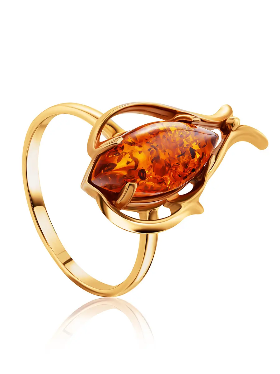 картинка Женственное кольцо из золота и натурального коньячного янтаря «Тюльпан» в онлайн магазине