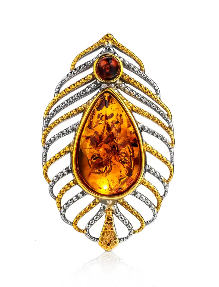 картинка Брошь, украшенная натуральным янтарём коньячного цвета «Павлин» в онлайн магазине
