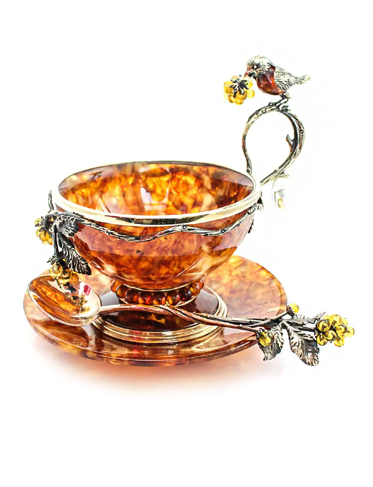 картинка Чайный набор из натурального янтаря и бронзы «Малиновка» на 1 персону в онлайн магазине