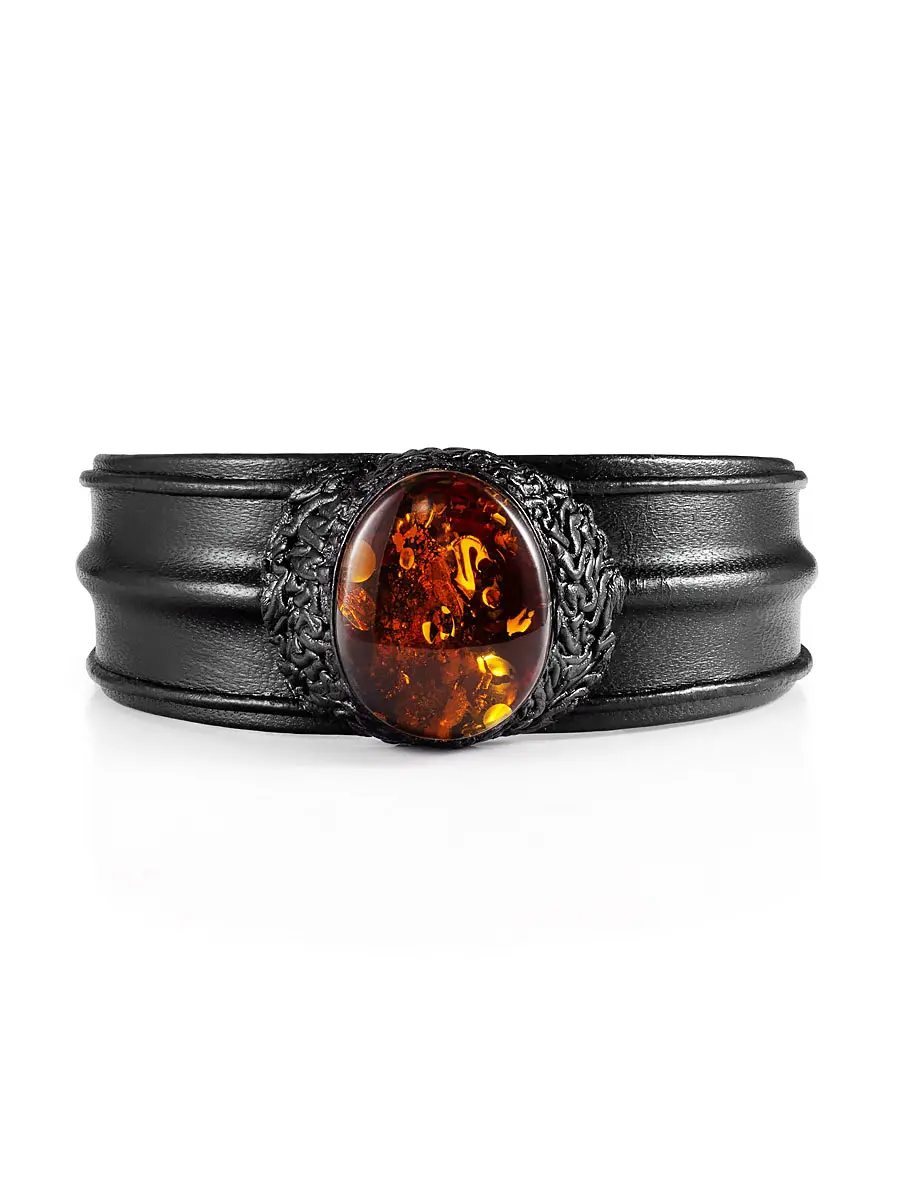 картинка Браслет «Нефертити» из кожи с вишнёвым янтарём в онлайн магазине