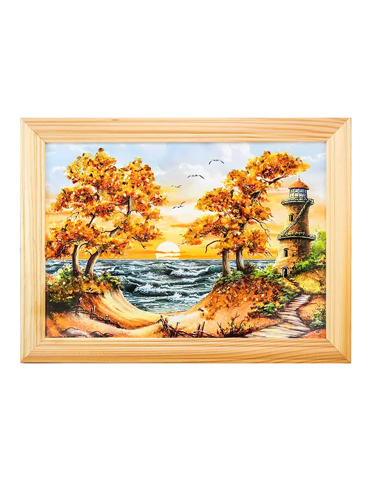 картинка Морской пейзаж небольшого размера с янтарём «Сосны на берегу моря» 17 (В) х 24 (Ш) в онлайн магазине