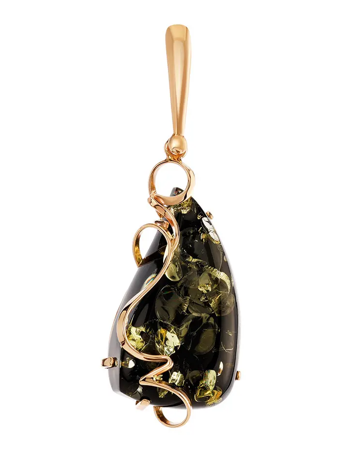 картинка Изящная золотая подвеска с натуральным янтарём зелёного цвета «Риальто» в онлайн магазине