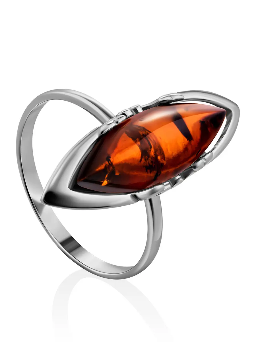 картинка Изысканное удлинённое кольцо из серебра и натурального коньячного янтаря «Годива» в онлайн магазине