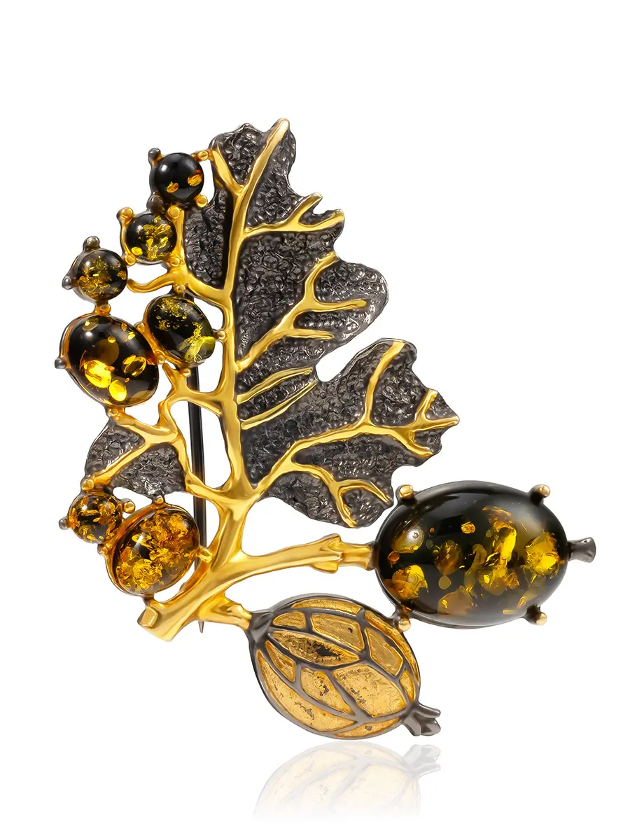 картинка Роскошная крупная брошь «Крыжовник» в чернении и золочении с зелёным янтарём в онлайн магазине