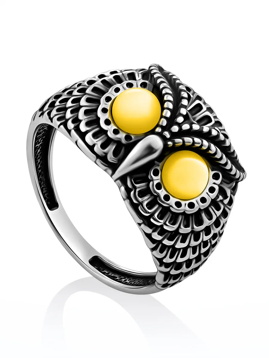 картинка Кольцо-унисекс из серебра со вставками из янтаря медового цвета «Филин» в онлайн магазине