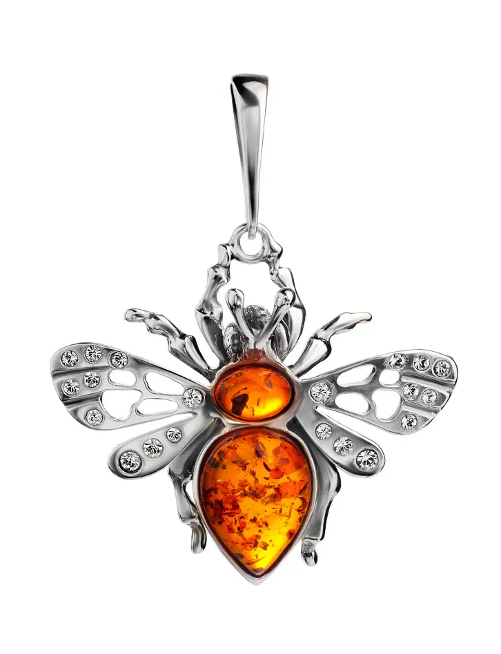 картинка Эффектный кулон из серебра, украшенный кристаллами и натуральным янтарём «Бражник» в онлайн магазине