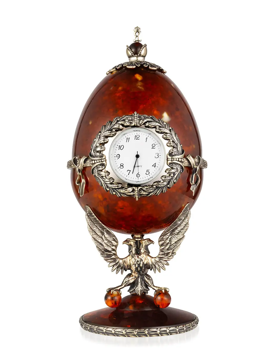 картинка Часы-шкатулка в виде яйца из янтаря и бронзы «Державная» в онлайн магазине