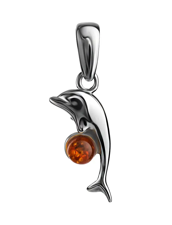 картинка Изящная подвеска из серебра с натуральным коньячным янтарём «Котопёс. Дельфин» в онлайн магазине