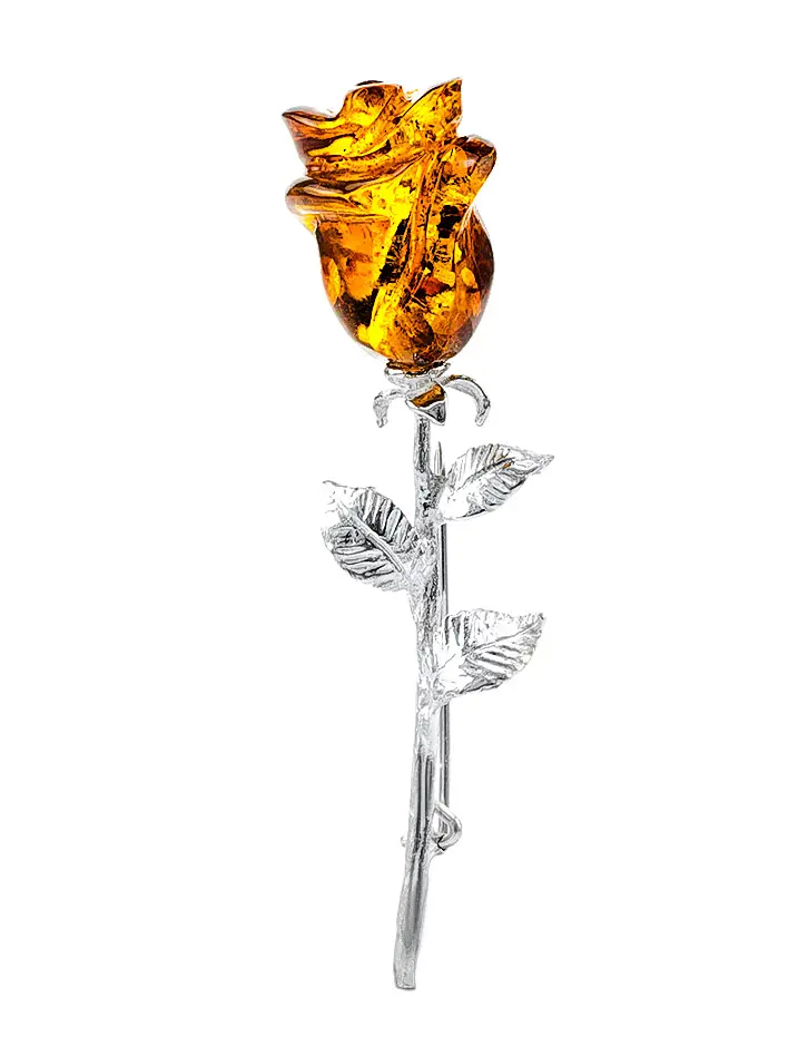 картинка Изящная удлинённая брошь с натуральным янтарём коньячного цвета «Роза» в онлайн магазине