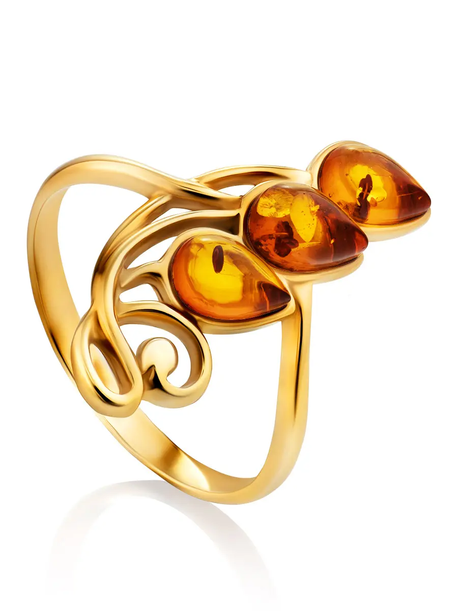 картинка Красивое позолоченное кольцо с натуральным коньячным янтарём «Флора» в онлайн магазине