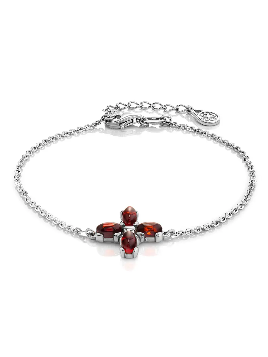 картинка Изящный серебряный браслет с янтарём вишнёвого цвета «Суприм» в онлайн магазине