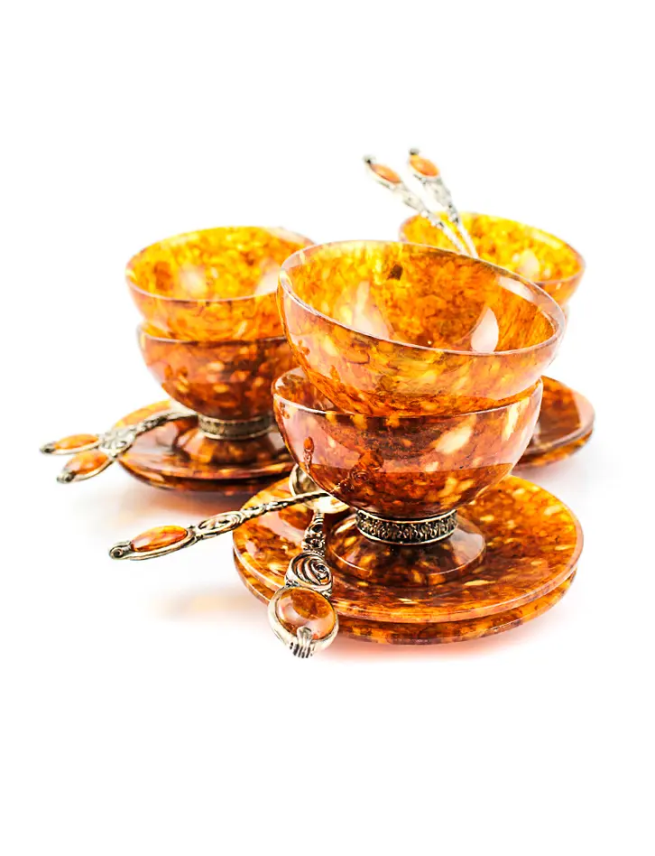 картинка Набор для чая из натурального янтаря из серебра 875 пробы и бронзы на 6 персон в онлайн магазине